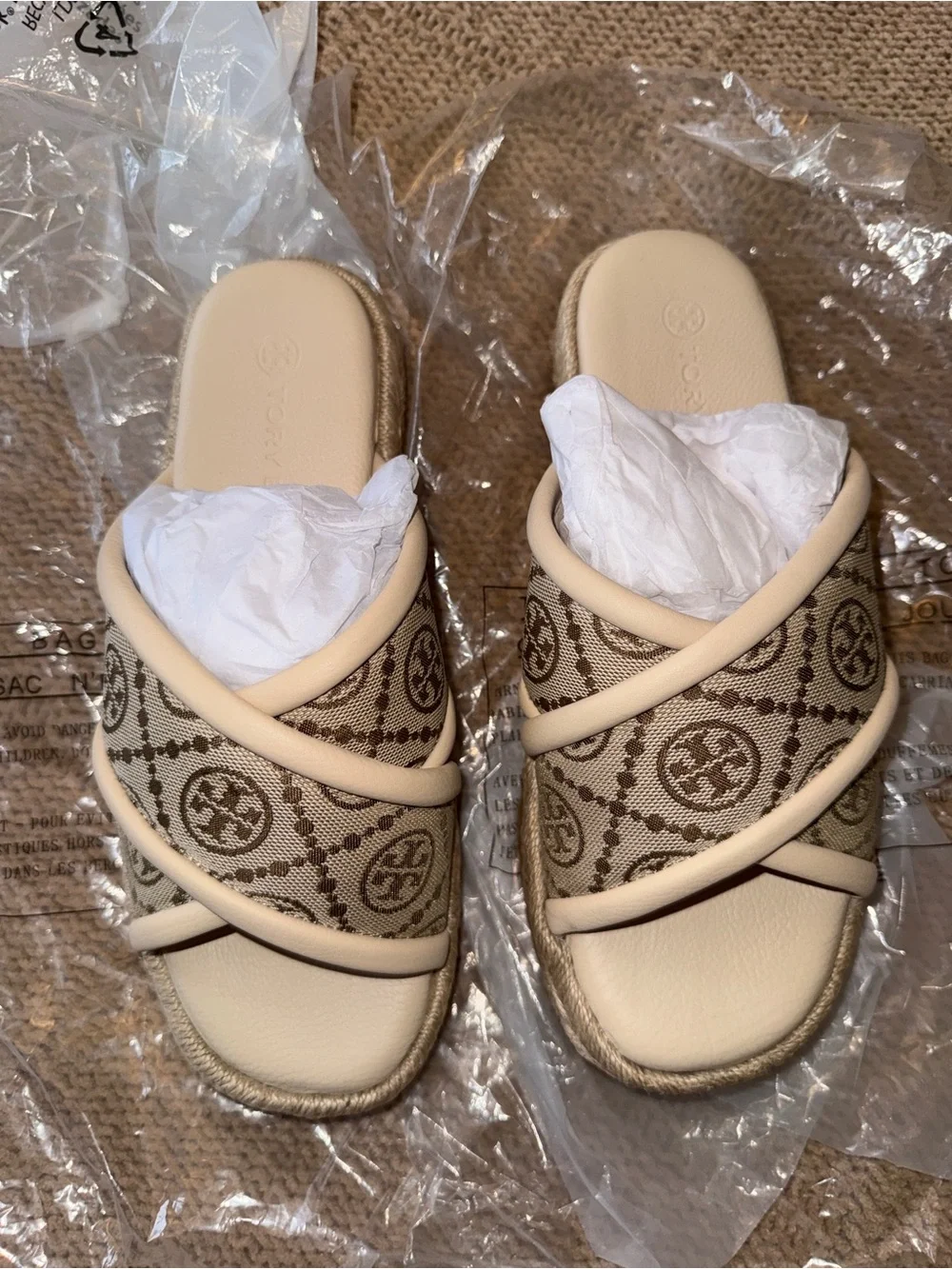 Tory Burch T Monogram Crisscross Espadrille Slide Sandals